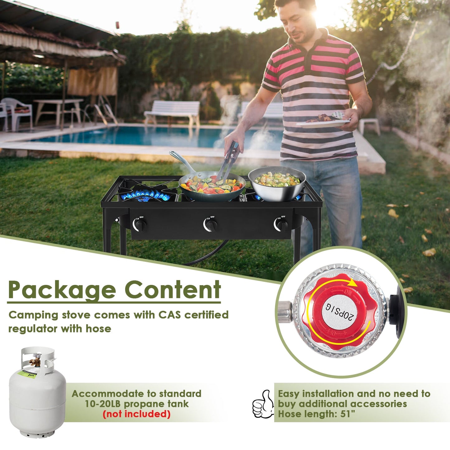 Man cooking on a 225000 BTU Portable Propane 3 Burner Gas Cooker with additional package contents shown, including a propane tank