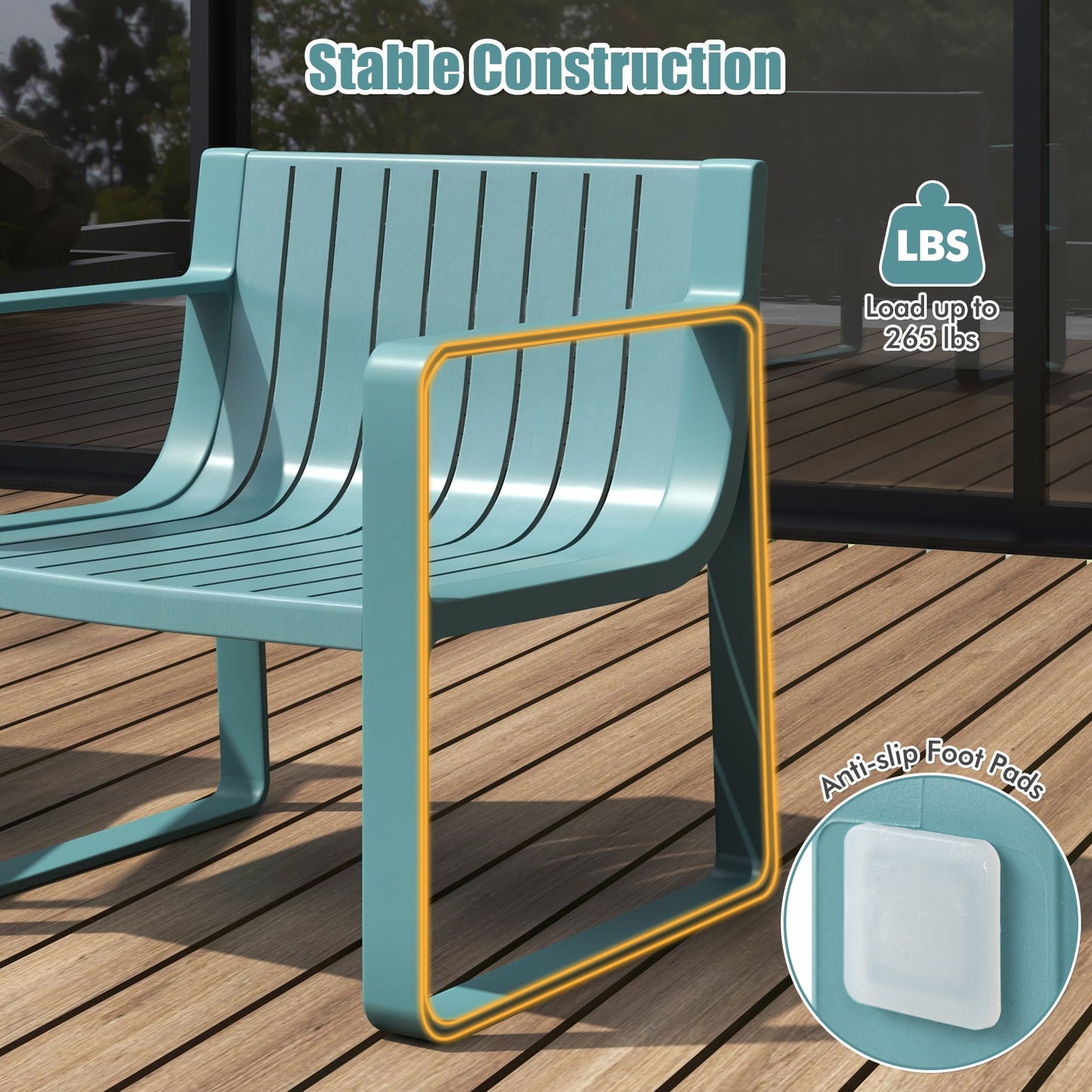 Patio Chairs Set of 2 with Curved Backrests and Seats-Blue showcasing stability, anti-slip foot pads, and 265 lbs load capacity.