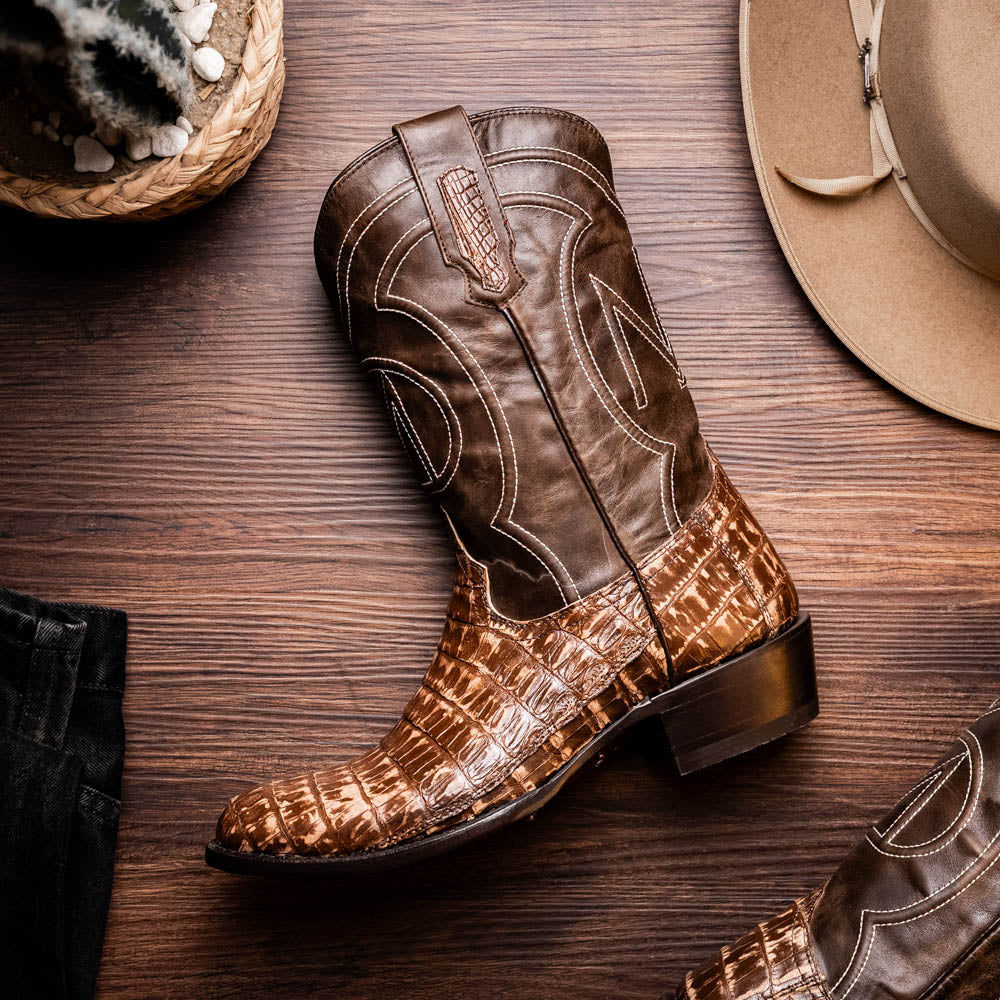 Phoenix Stone Brown cowboy boot genuine caiman belly skin, Western style, pre-order, refined leather footwear display.