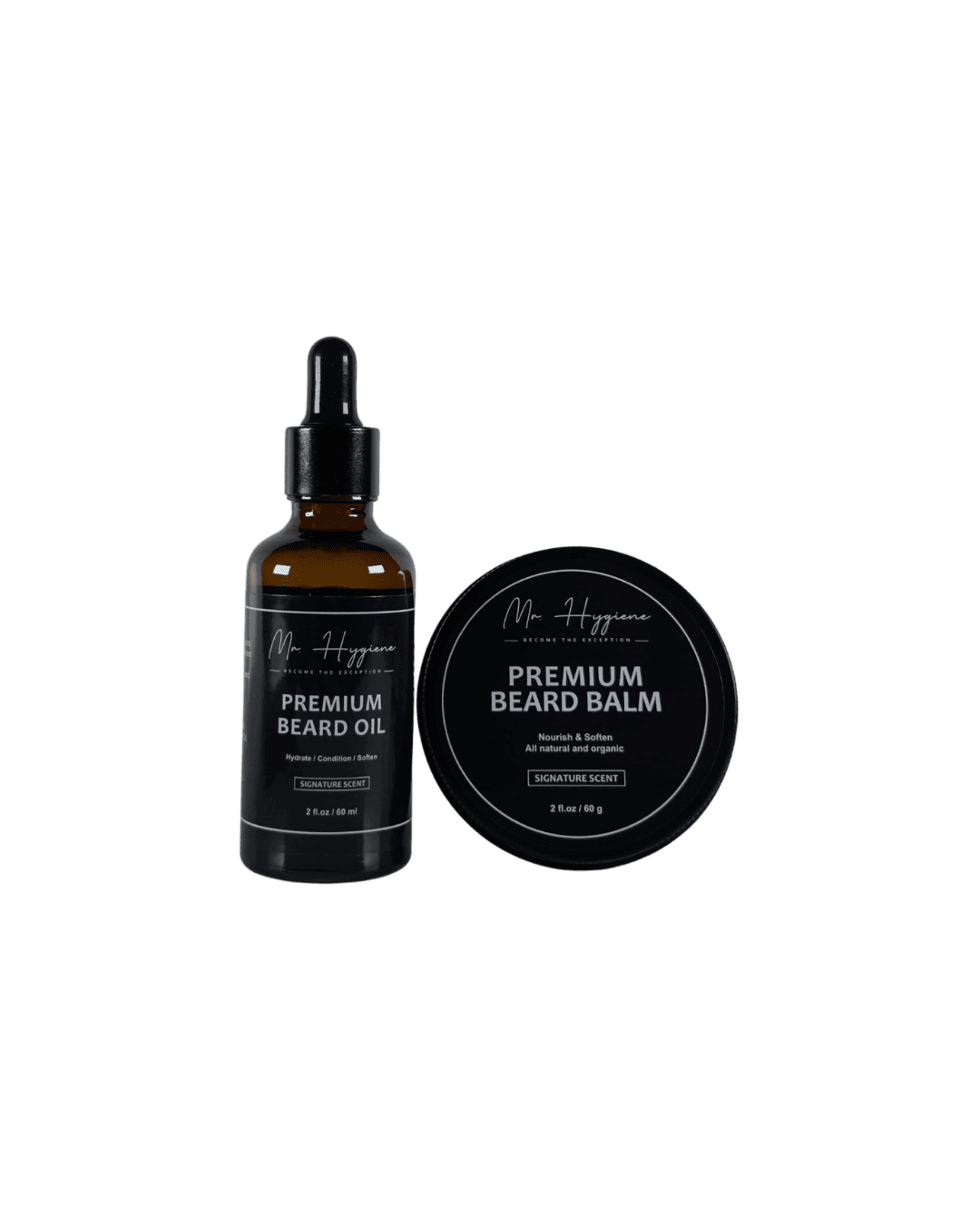 Mr. Hygiene's Premium Beard Oil and Balm Set with natural ingredients for ultimate beard care and styling