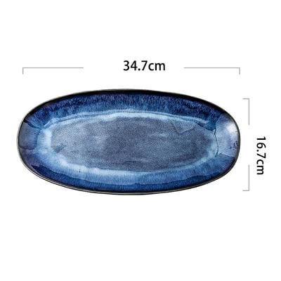 Eye Of Ocean Japanese Glazed Blue Long Plate with dimensions 34.7cm by 16.7cm, ideal for sushi or seafood presentation.