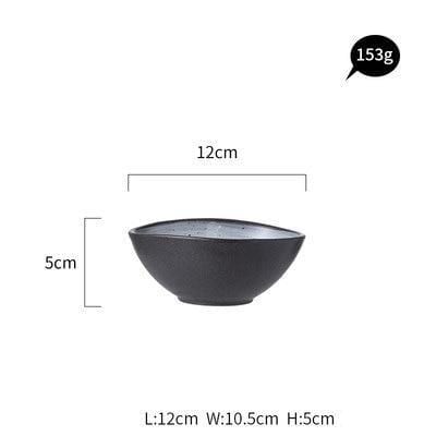 Black ceramic bowl with measurements, 12cm diameter, 5cm height, weighing 153g