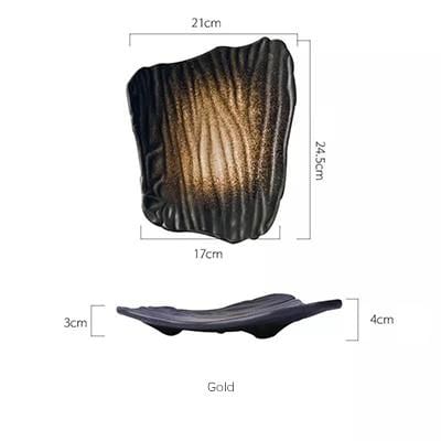 Suizei Plate - 10 inch, ceramic leaf shape with spray glaze, Japanese style, high temperature fired, black and gold dimensions