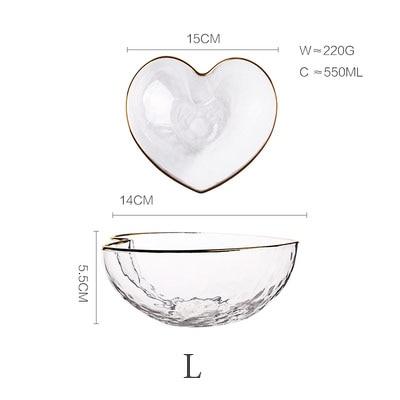 Heart-Shaped Bowl & Cup with measurements: bowl 14cm x 5.5cm, cup 15cm, weight 220g, capacity 550ml