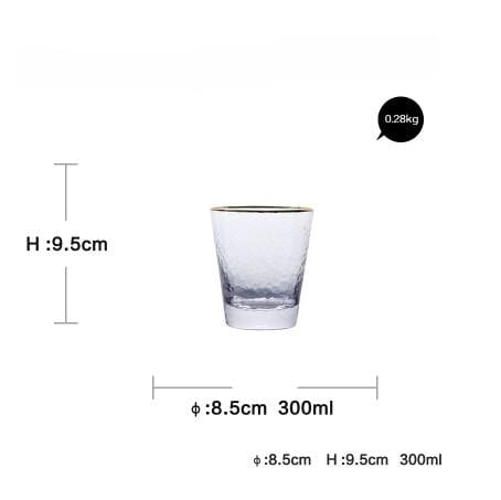 Golden Rim Clear Whiskey & Water Glass, round, 300ml, 9.5cm height, eco-friendly, transparent, durable glass, ideal for kitchen.