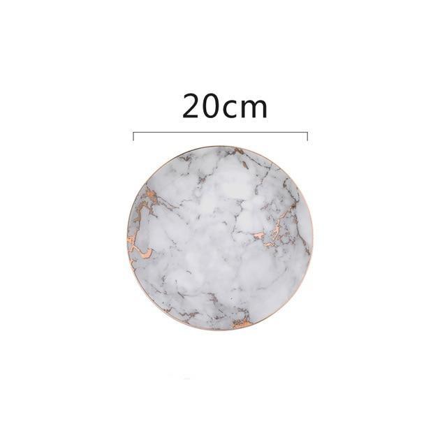 Round 20cm ceramic Selene Plates with marble pattern and gold accents, ideal for elegant dining.