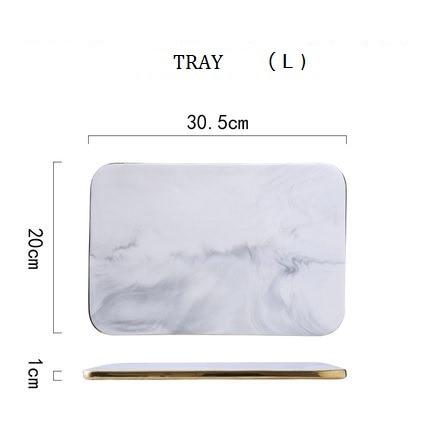 Large rectangular tray with marble finish, measuring 30.5cm x 20cm x 1cm, ideal for serving and displaying; elegant and functional design.