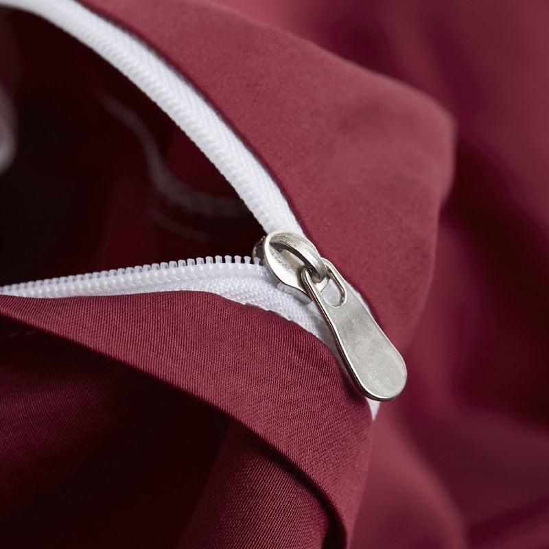 Close-up of Wine Grace Silk Duvet Cover Set (Premium Egyptian Cotton) 600TC showing zipper detail.