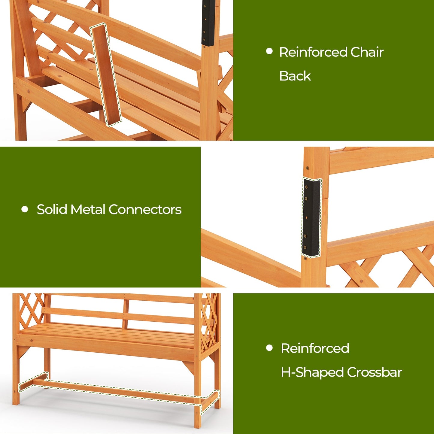 Detail view of a 6.5 FT Tall Patio Garden Arbor with Pergola and 2-Seat Bench for Garden Backyard Decoration-Yellow, highlighting reinforced features.