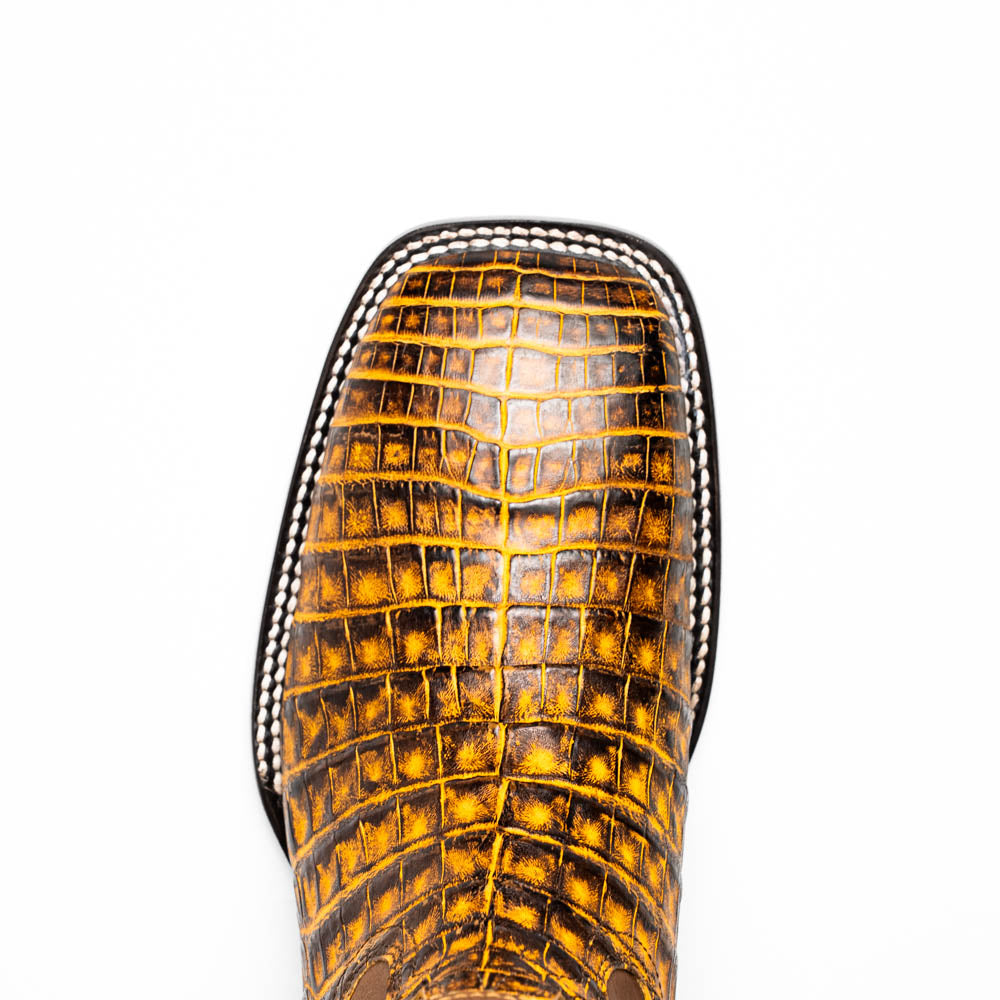 Tucson Mustard Brown caiman belly skin cowboy boot with square toe, featuring distinctive Western craftsmanship and texture