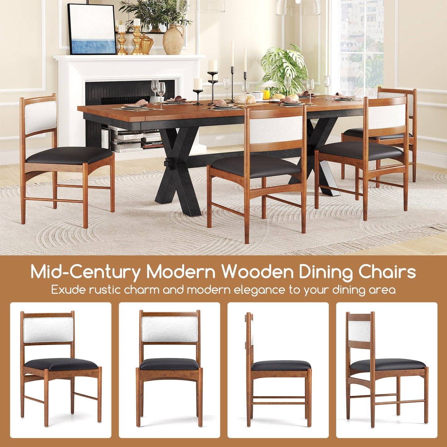 Mid-century modern wooden dining chairs in elegant room setting with faux leather cushions and faux Sherpa backrests.