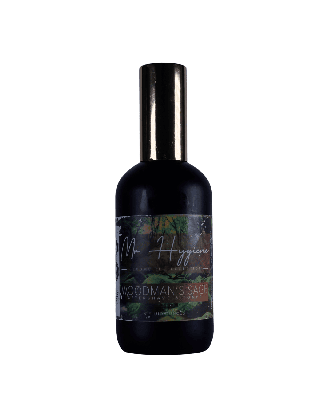 Woodman's Sage Mens Aftershave & Toner in sleek black bottle with chrome cap, perfect for refreshing and nourishing post-shave skincare.