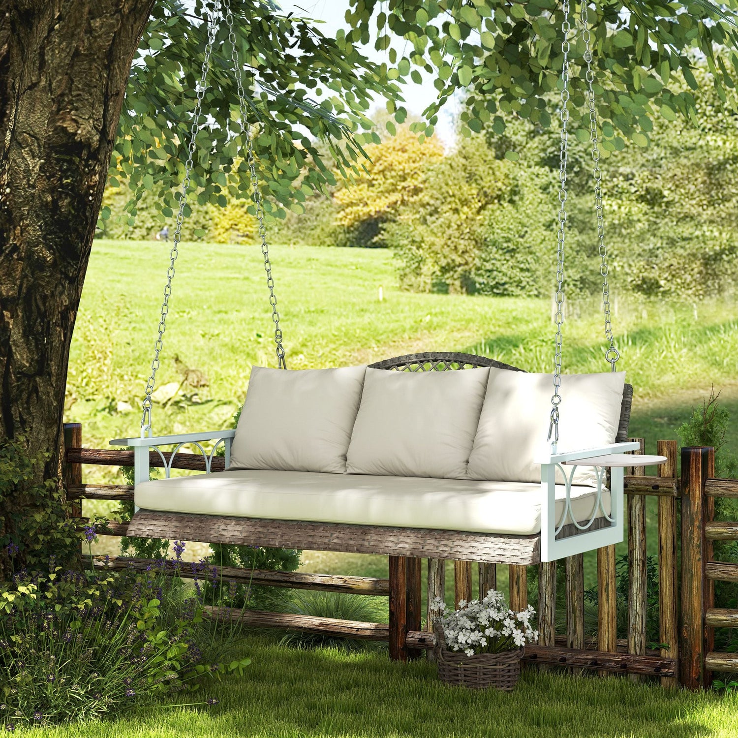 Backyard and Beyond cozy swinging bench under a tree, perfect for relaxing outdoors.