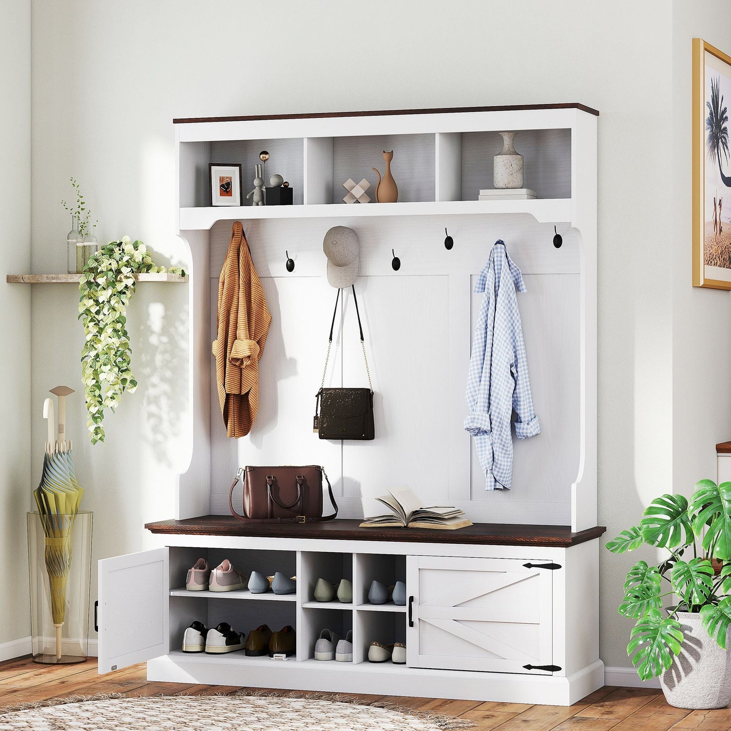 For the Home Unique Home Decor & Curated Accessories - stylish entryway bench with hooks and storage shelves.