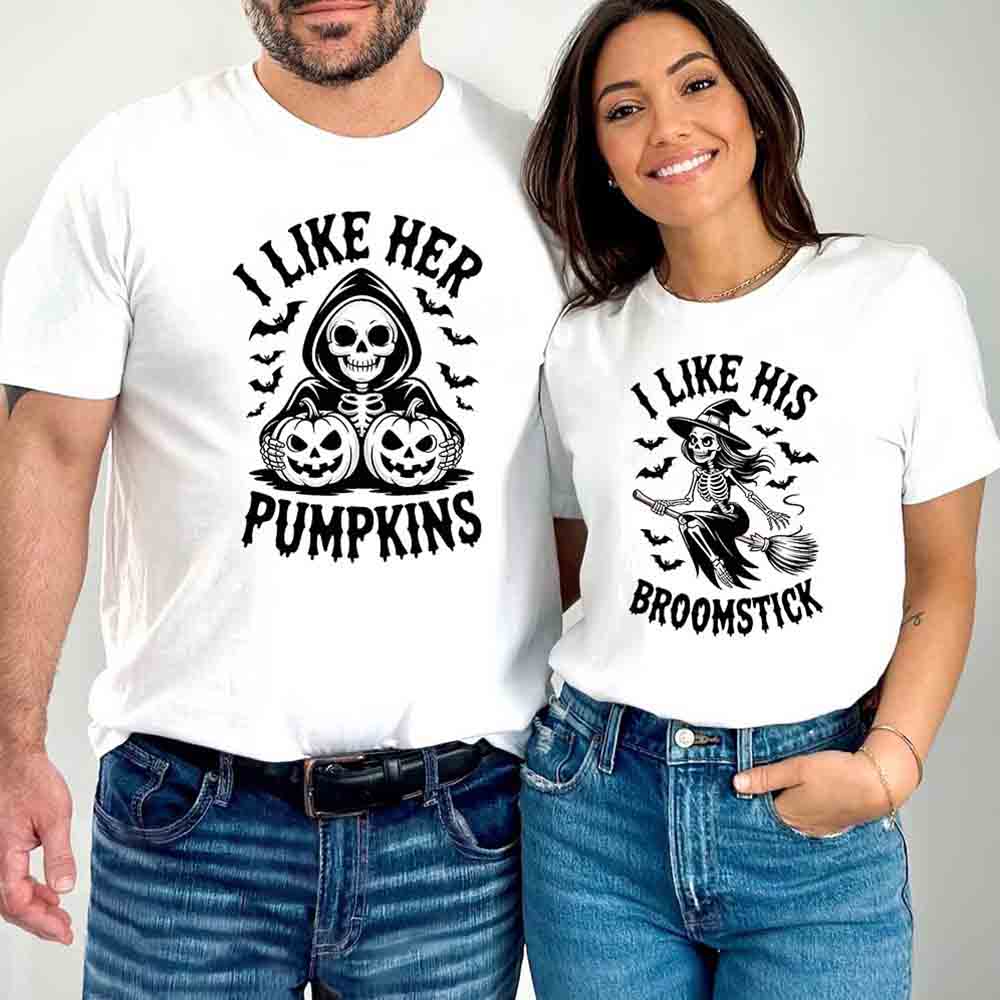 I Like Her Pumpkins & His Broomstick Shirts | Funny Matching Halloween Couple T-Shirts