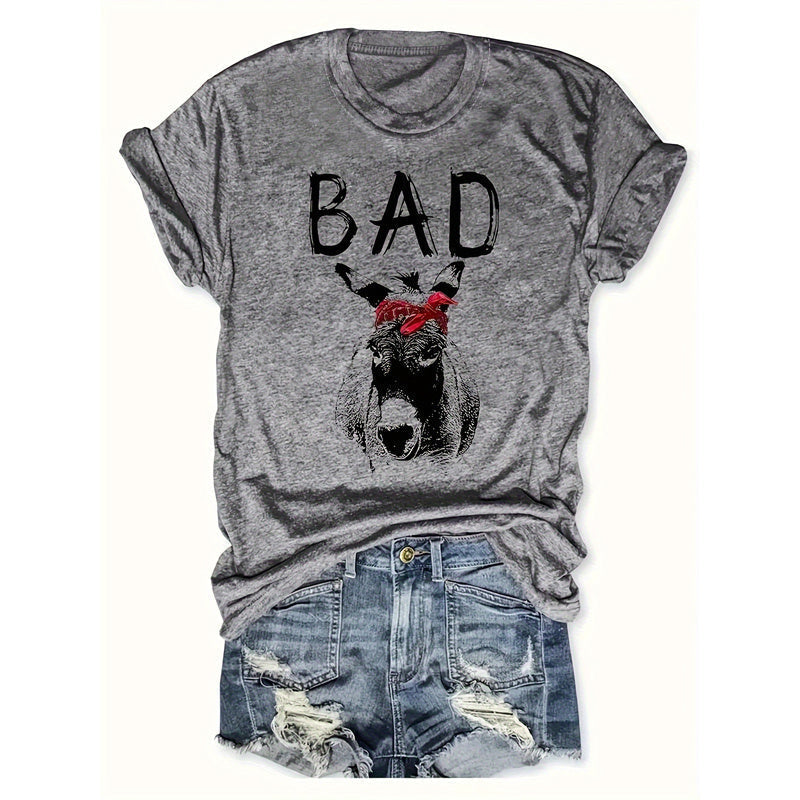 Women's Animal Letter Print Casual Short Sleeve T-Shirt with trendy goat graphic and 'BAD' print on grey fabric, perfect for casual wear.