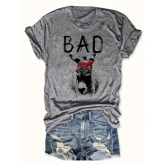 Women's Animal Letter Print Casual Short Sleeve T-Shirt with trendy goat graphic and 'BAD' print on grey fabric, perfect for casual wear.
