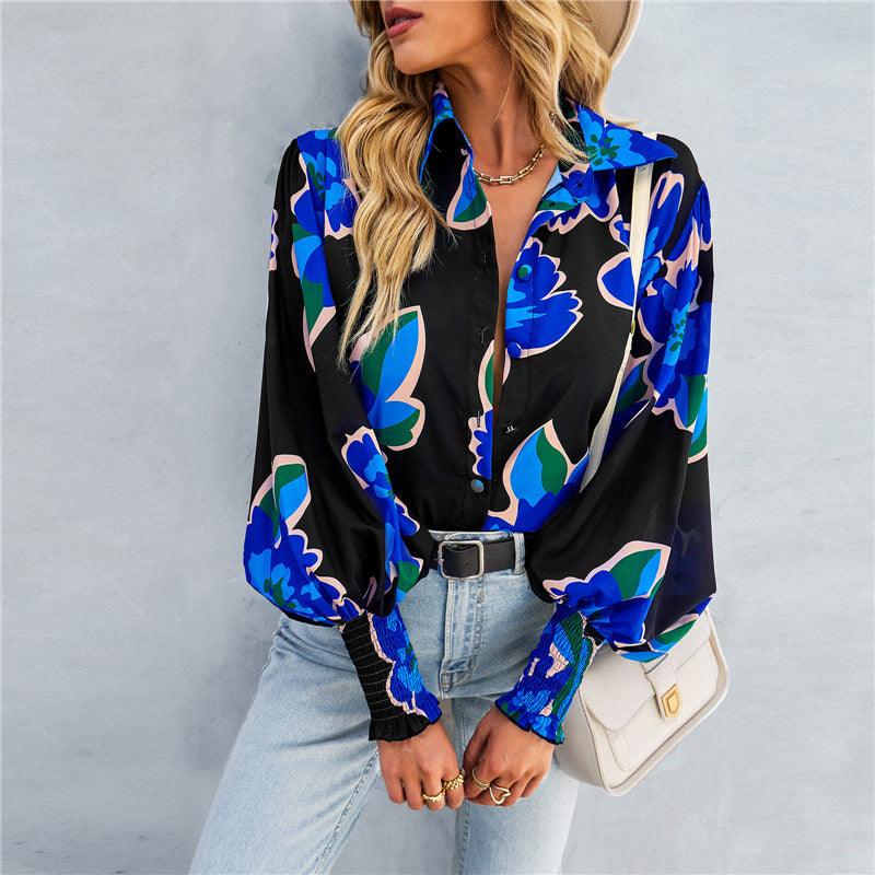 Woman wearing Boho Printed Lantern Sleeve Top – Relaxed Fit Casual Shirt for Country Girls with blue floral design