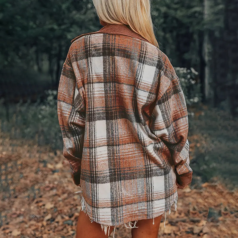 Women's Notch Lapel Check Print Long Sleeve Shirt