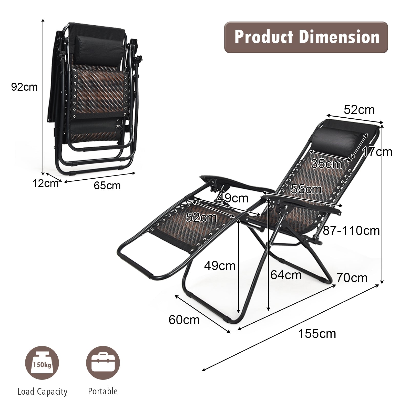 Dimensions and features of 2 Pieces Folding Patio Rattan Zero Gravity Lounge Chair-Brown