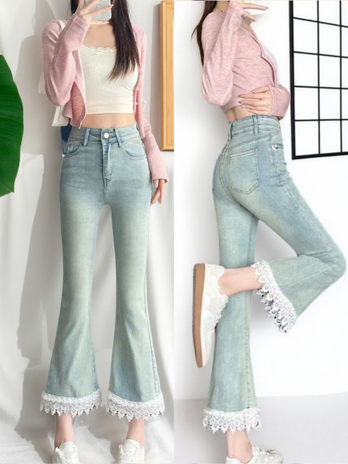 Light Blue Micro-Flare Lace Stretch Jeans for Women with lace panels and decorative stitching.