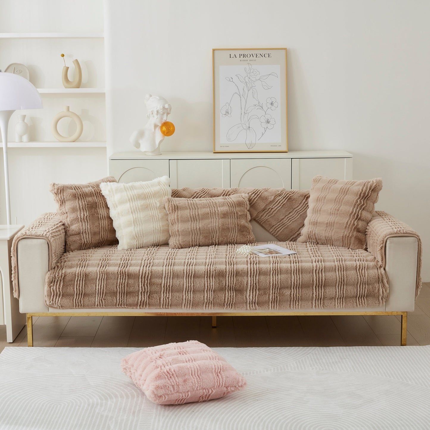 Soft Thick Faux Fur Sofa Cover Stripe Fluffy Fuzzy Non-Slip Washable Couch Covers on a stylish living room sofa