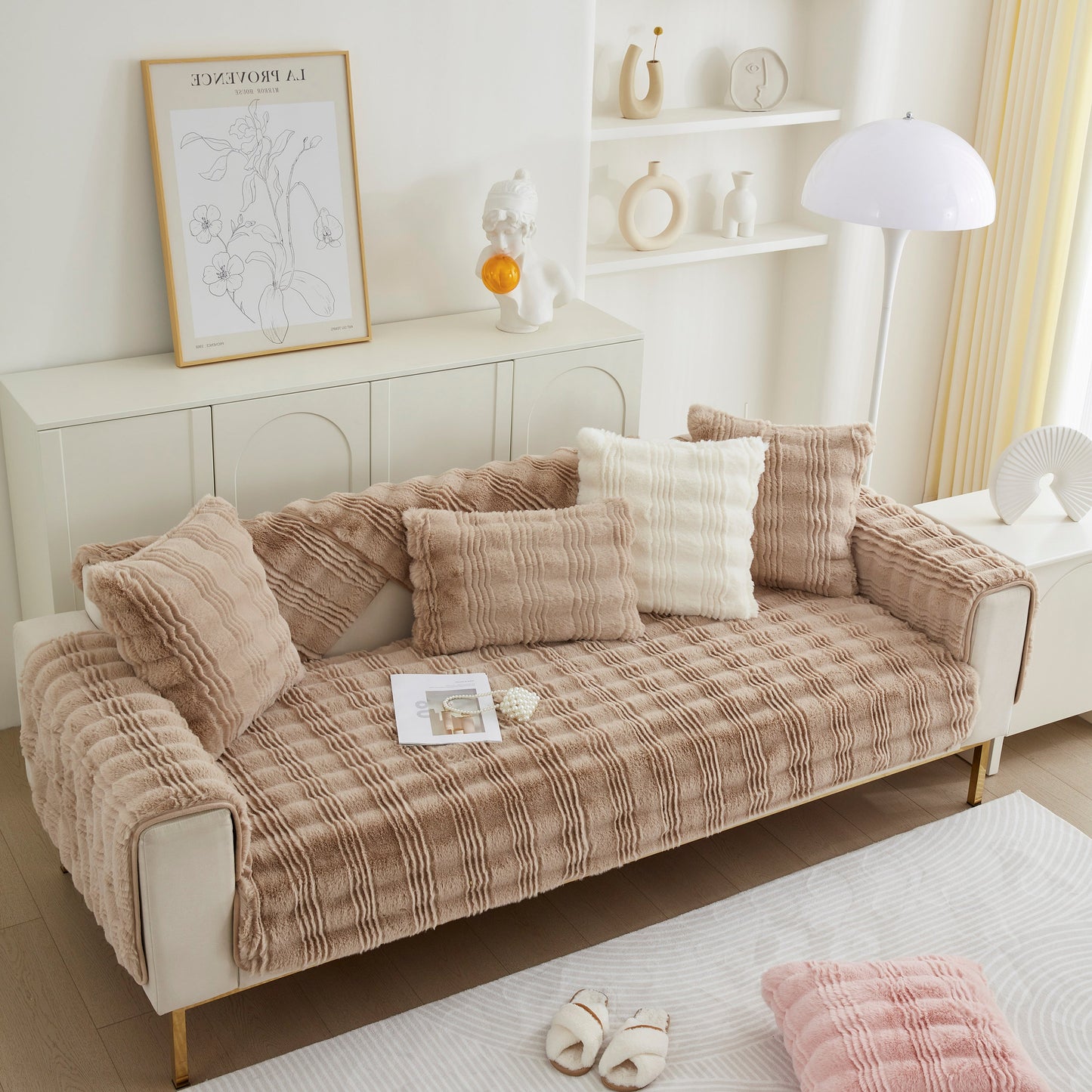 Soft Thick Faux Fur Sofa Cover Stripe Fluffy Fuzzy Non-Slip Washable Couch Covers in a stylish living room setting.