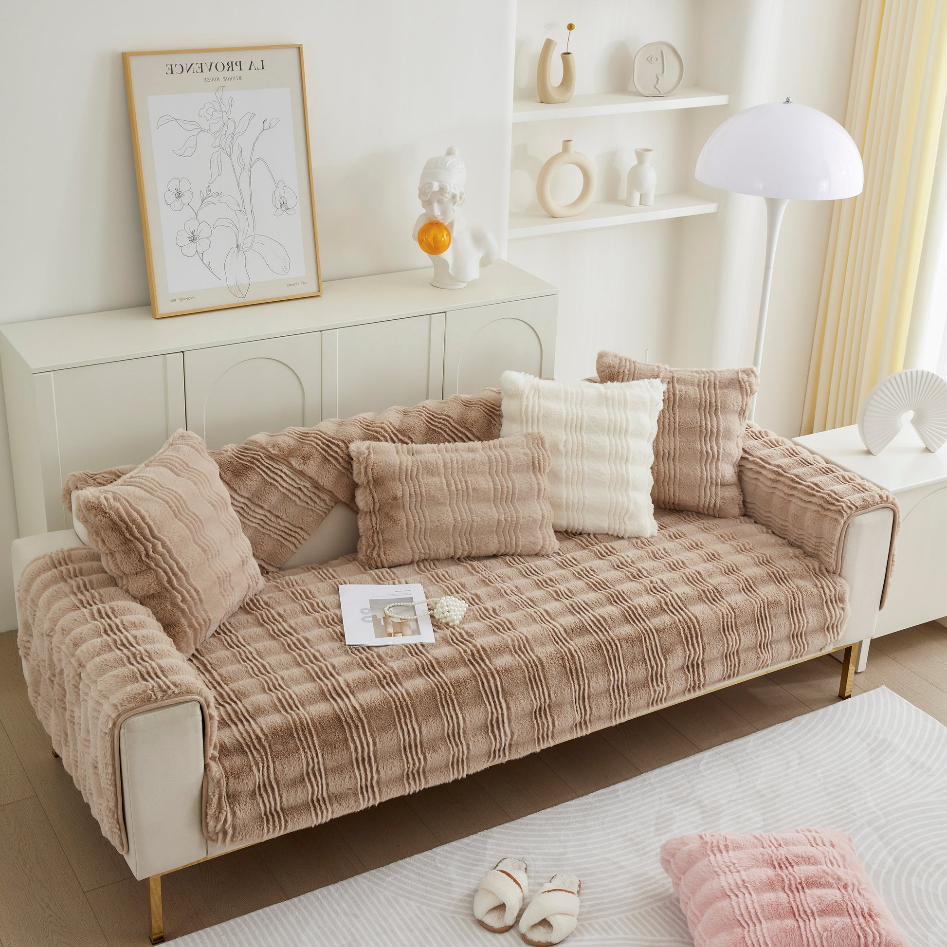 Soft Thick Faux Fur Sofa Cover Stripe Fluffy Fuzzy Non-Slip Washable Couch Covers in a stylish living room setting.
