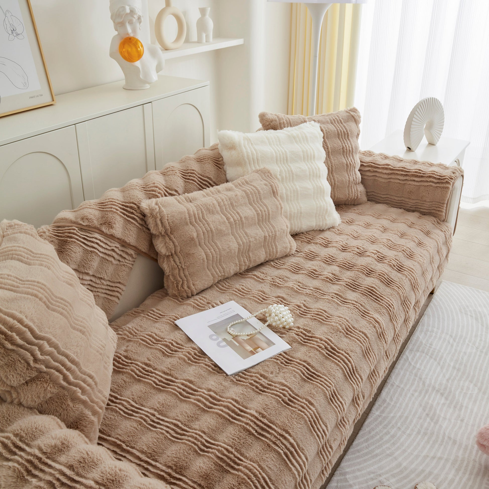 Soft Thick Faux Fur Sofa Cover Stripe Fluffy Fuzzy Non-Slip Washable Couch Covers on a living room couch