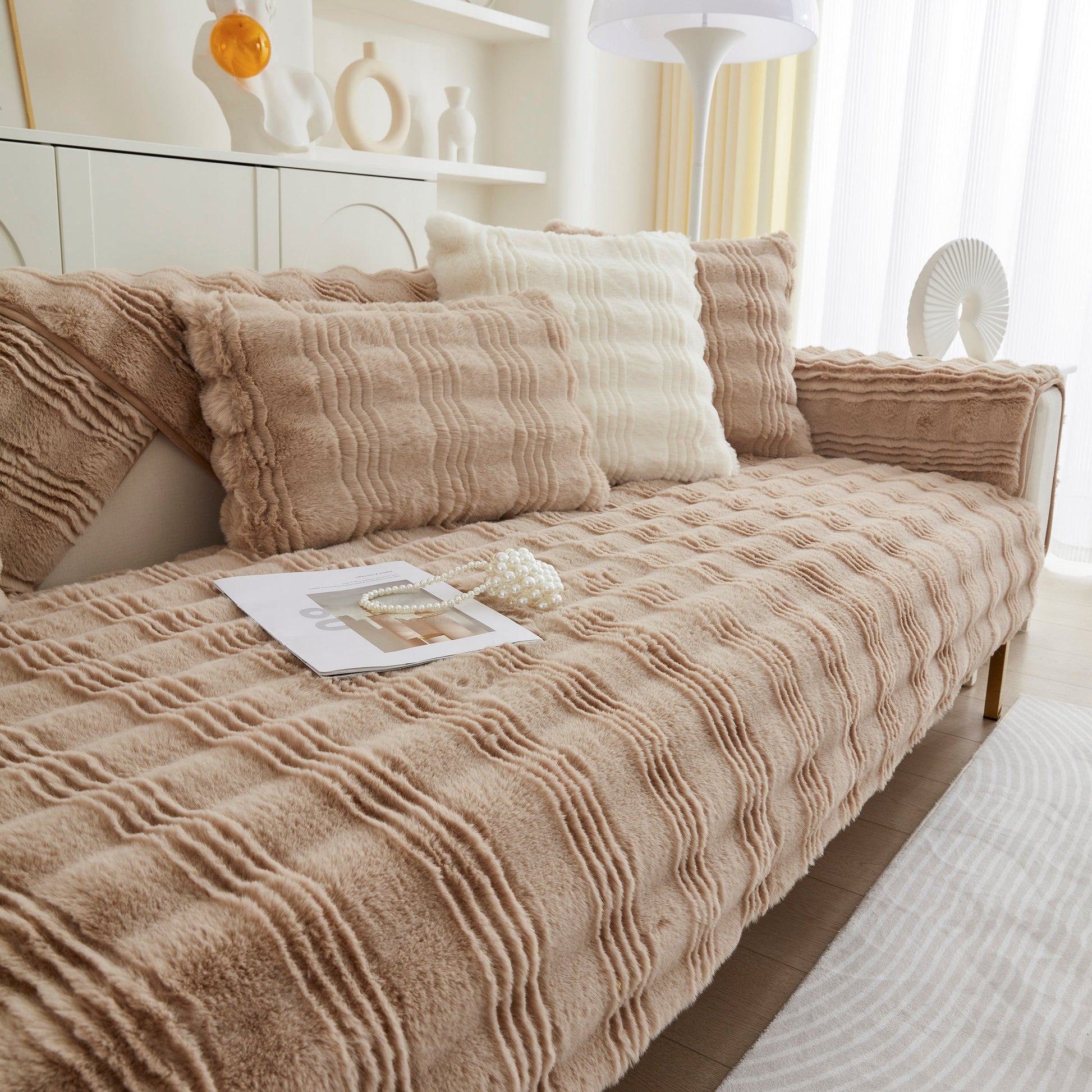 Soft Thick Faux Fur Sofa Cover Stripe Fluffy Fuzzy Non-Slip Washable Couch Covers on a stylish living room sofa