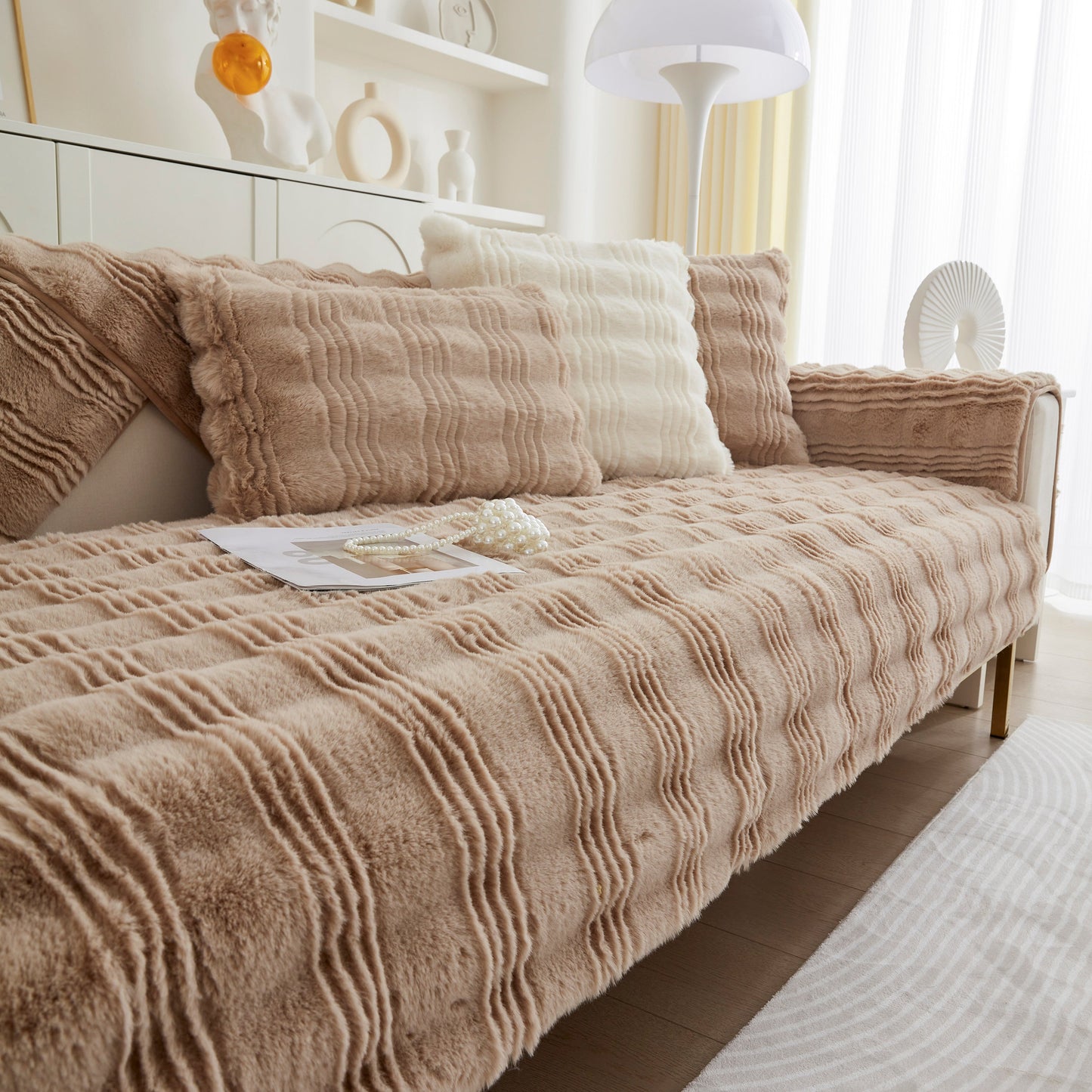 Soft Thick Faux Fur Sofa Cover Stripe Fluffy Fuzzy Non-Slip Washable Couch Covers in a stylish living room setting