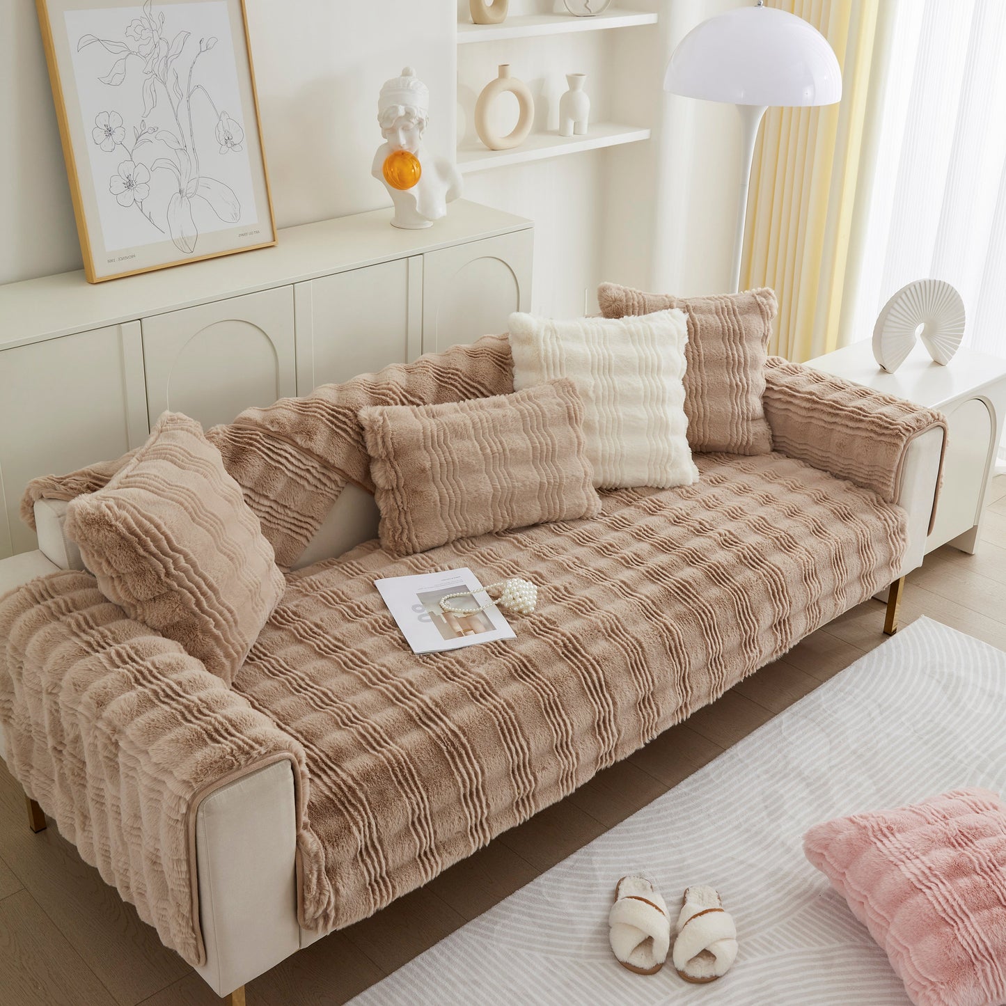 Stylish Soft Thick Faux Fur Sofa Cover Stripe Fluffy Fuzzy Non-Slip Washable Couch Covers enhancing a cozy living room setting.