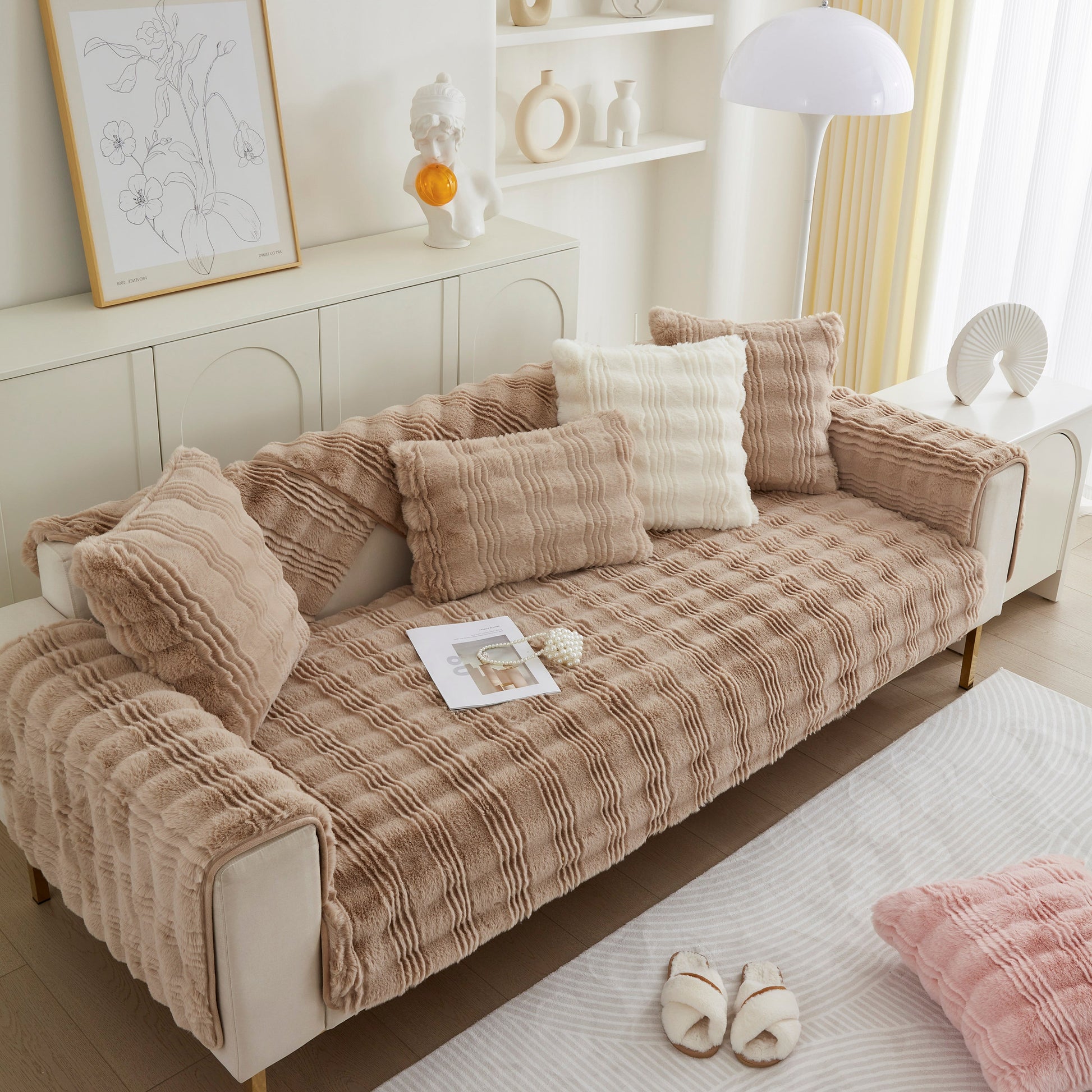 Stylish Soft Thick Faux Fur Sofa Cover Stripe Fluffy Fuzzy Non-Slip Washable Couch Covers enhancing a cozy living room setting.