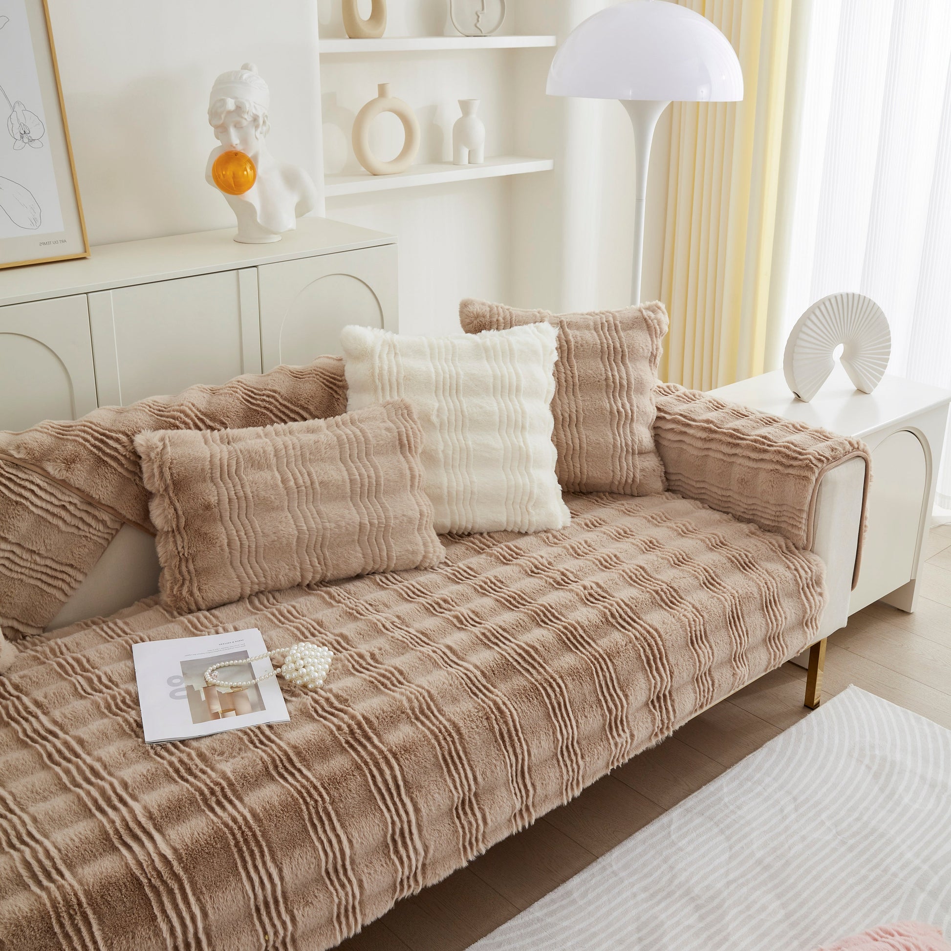 Soft Thick Faux Fur Sofa Cover Stripe Fluffy Fuzzy Non-Slip Washable Couch Covers on modern living room sofa.