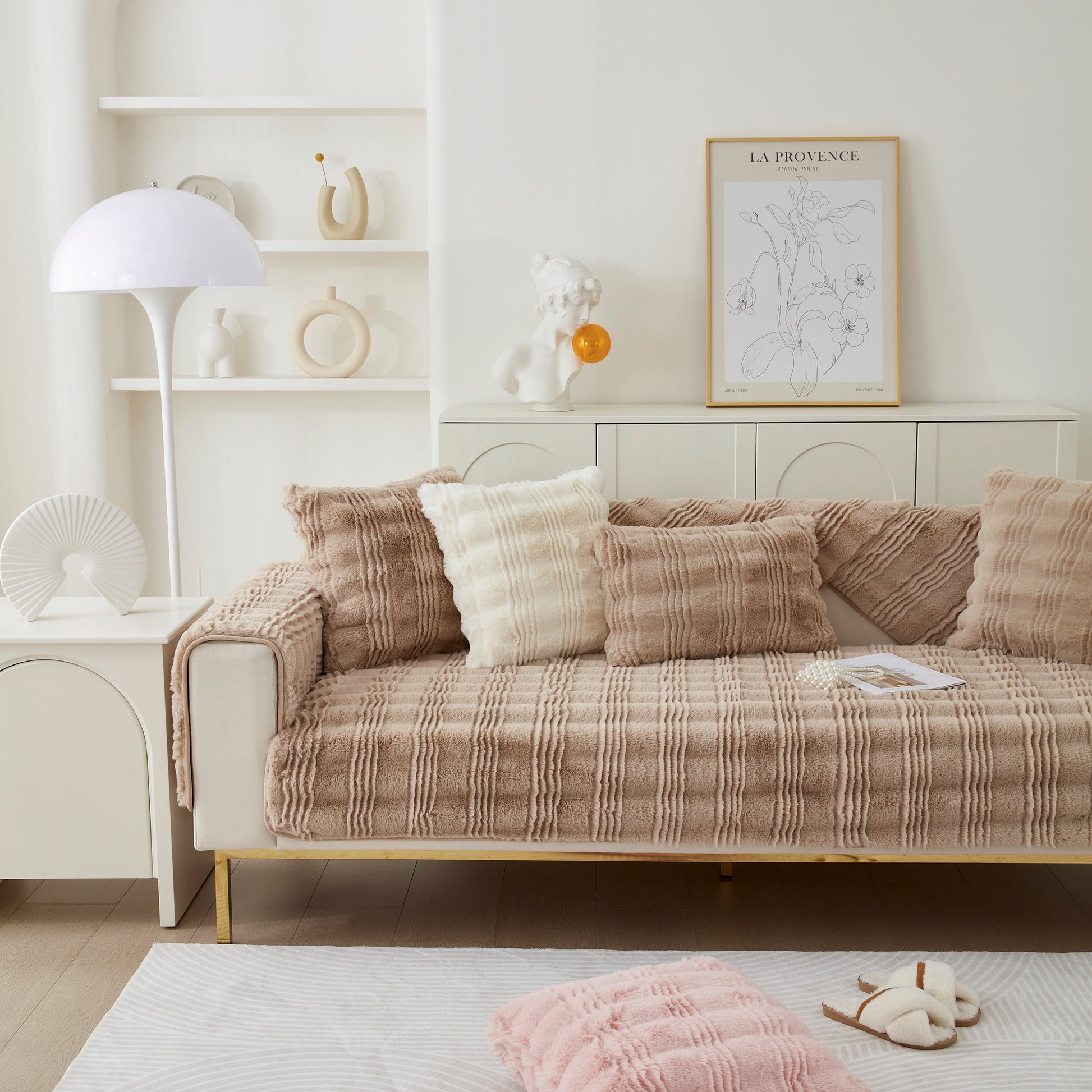Soft Thick Faux Fur Sofa Cover Stripe Fluffy Fuzzy Non-Slip Washable Couch Covers on stylish living room furniture.