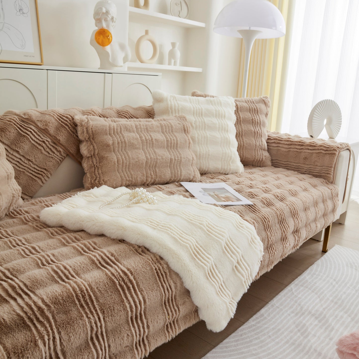 Soft Thick Faux Fur Sofa Cover Stripe Fluffy Fuzzy Non-Slip Washable Couch Covers on modern living room sofa