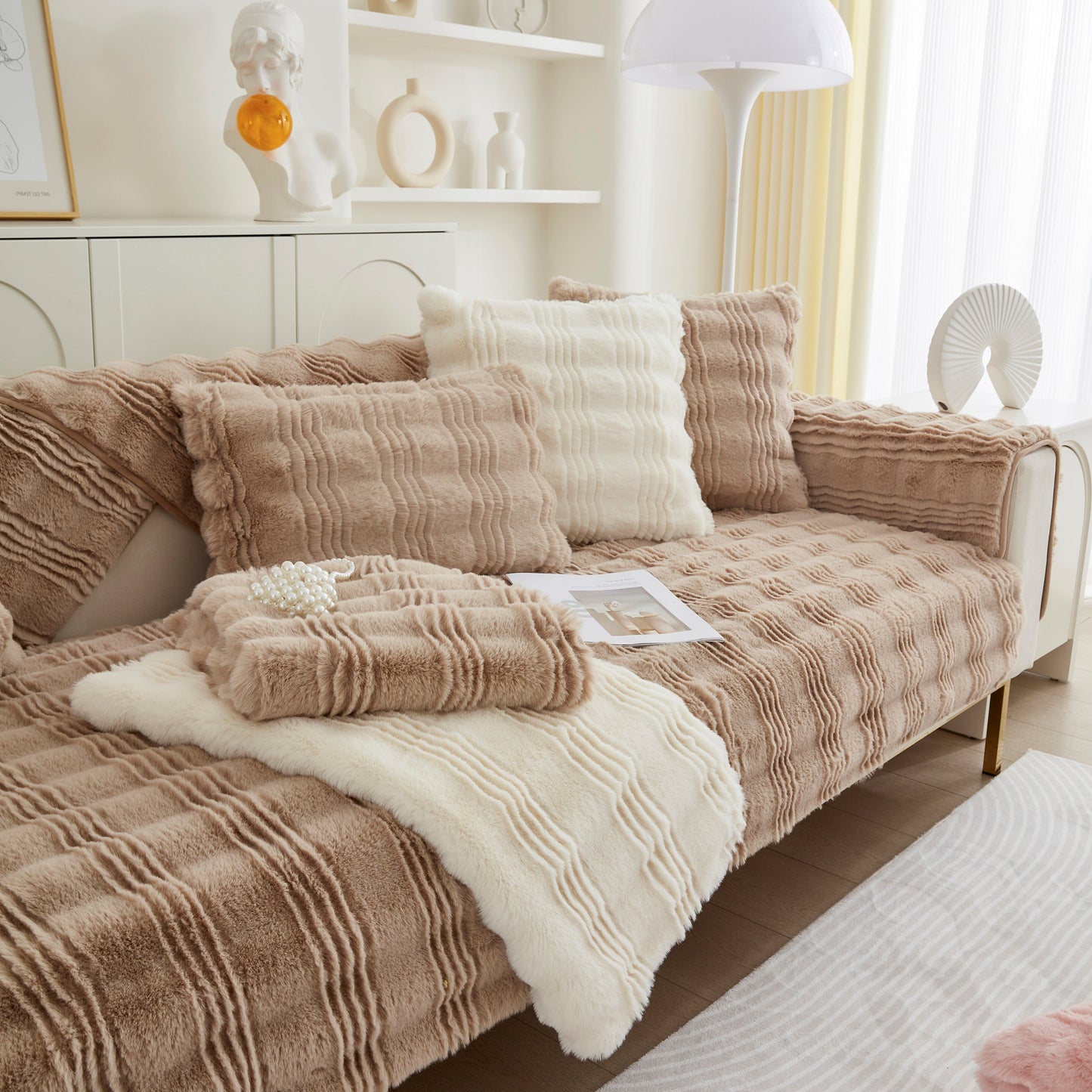 Soft Thick Faux Fur Sofa Cover Stripe Fluffy Fuzzy Non-Slip Washable Couch Covers on living room sofa