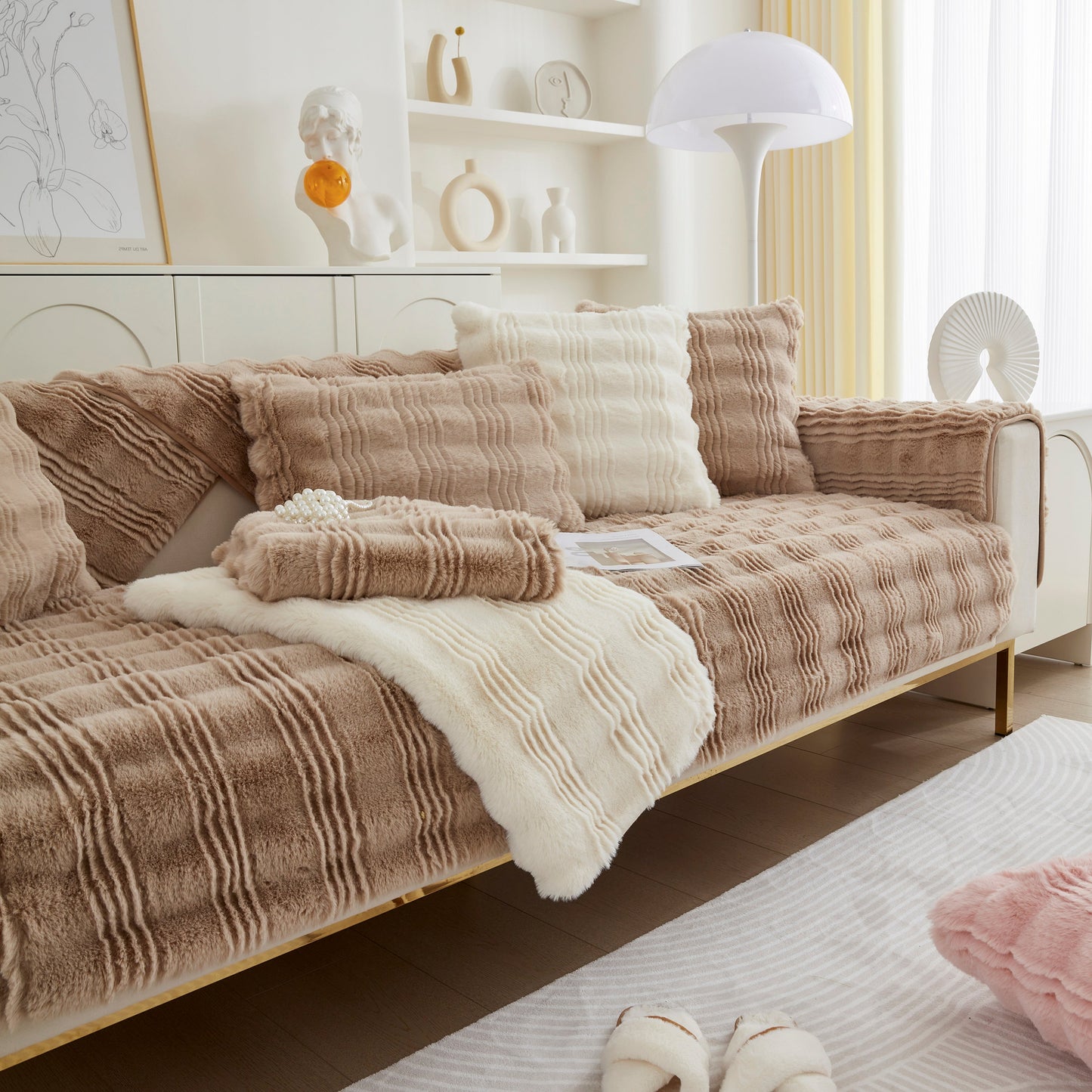 Soft Thick Faux Fur Sofa Cover Stripe Fluffy Fuzzy Non-Slip Washable Couch Covers on a stylish living room sofa