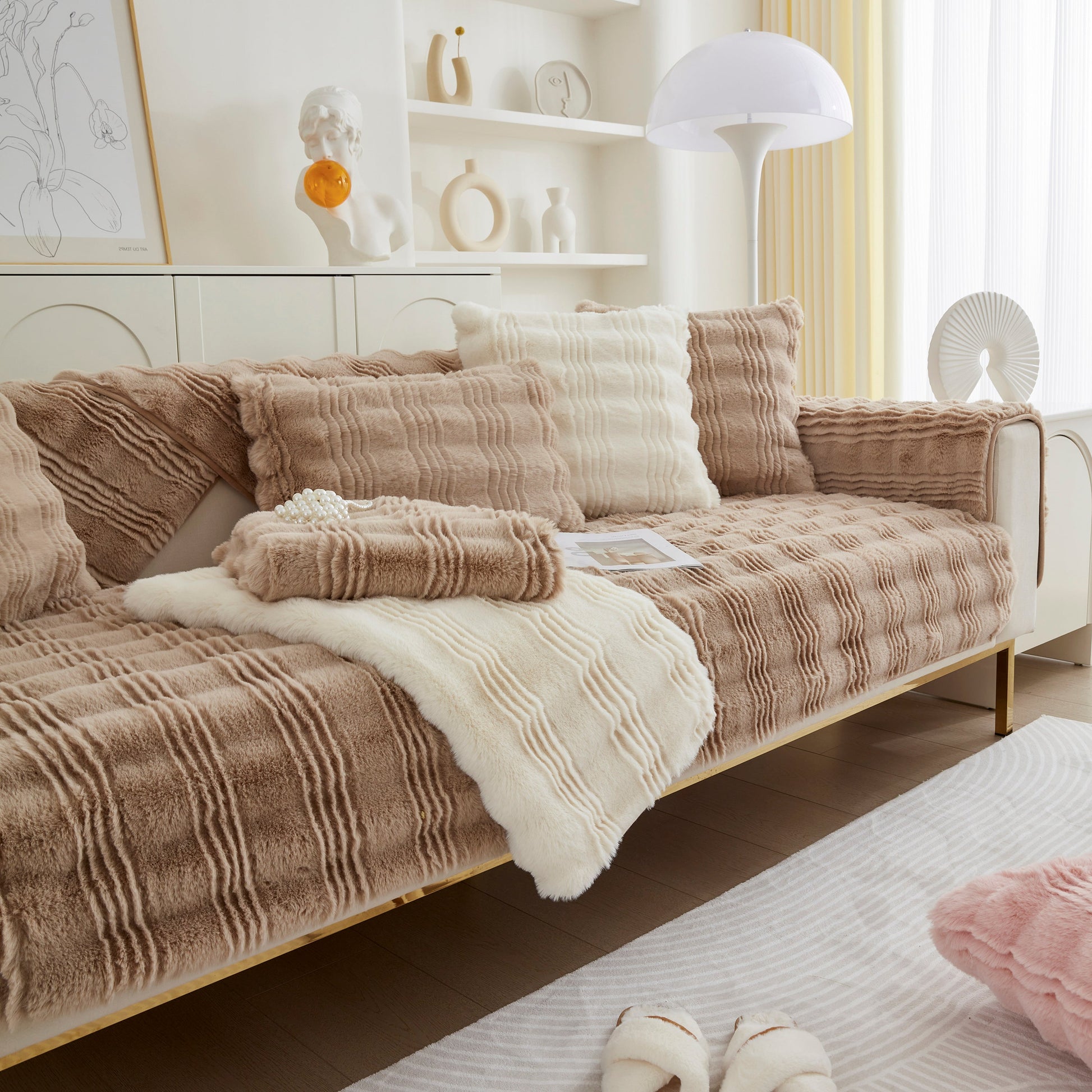 Soft Thick Faux Fur Sofa Cover Stripe Fluffy Fuzzy Non-Slip Washable Couch Covers on a stylish living room sofa