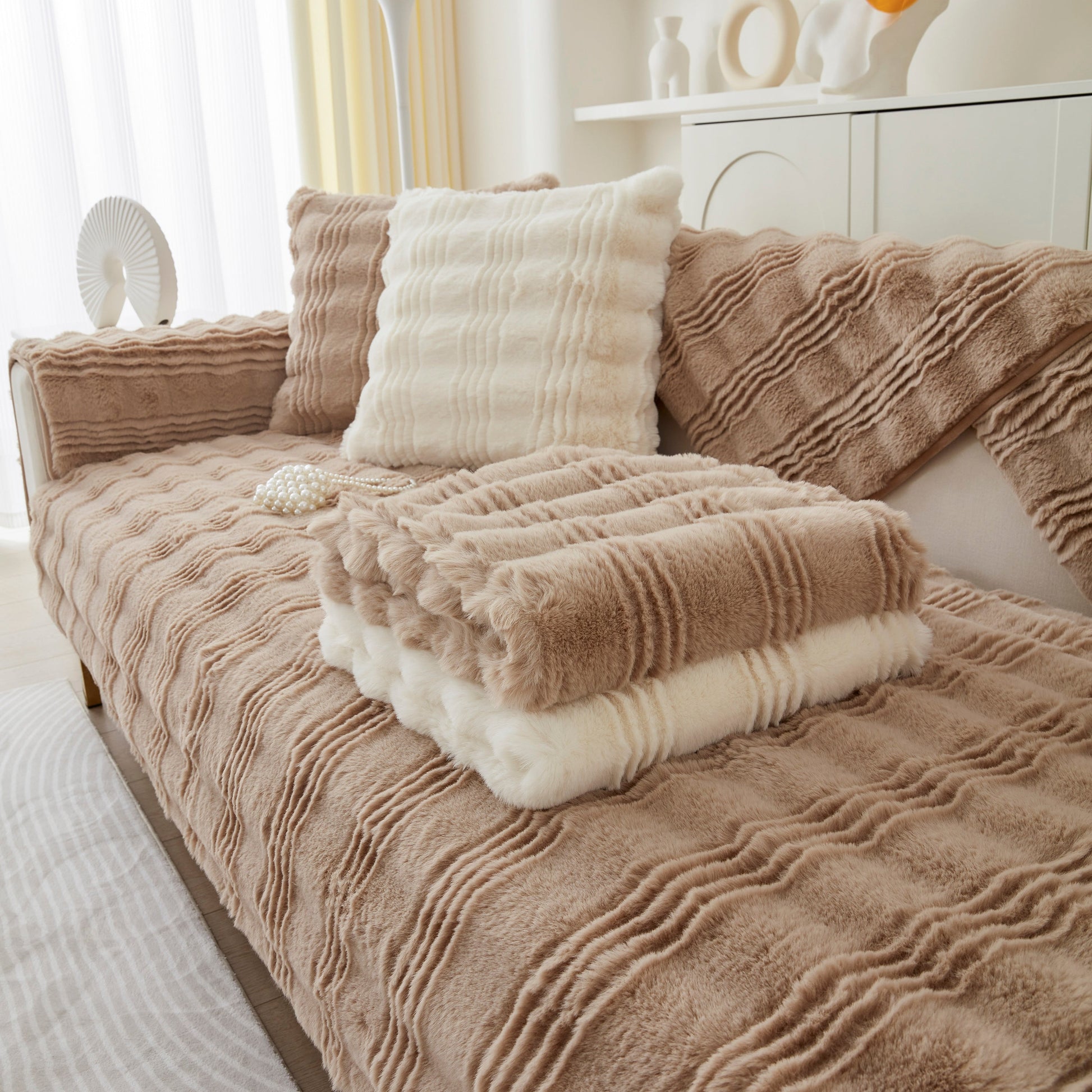 Soft Thick Faux Fur Sofa Cover Stripe Fluffy Fuzzy Non-Slip Washable Couch Covers on living room sofa