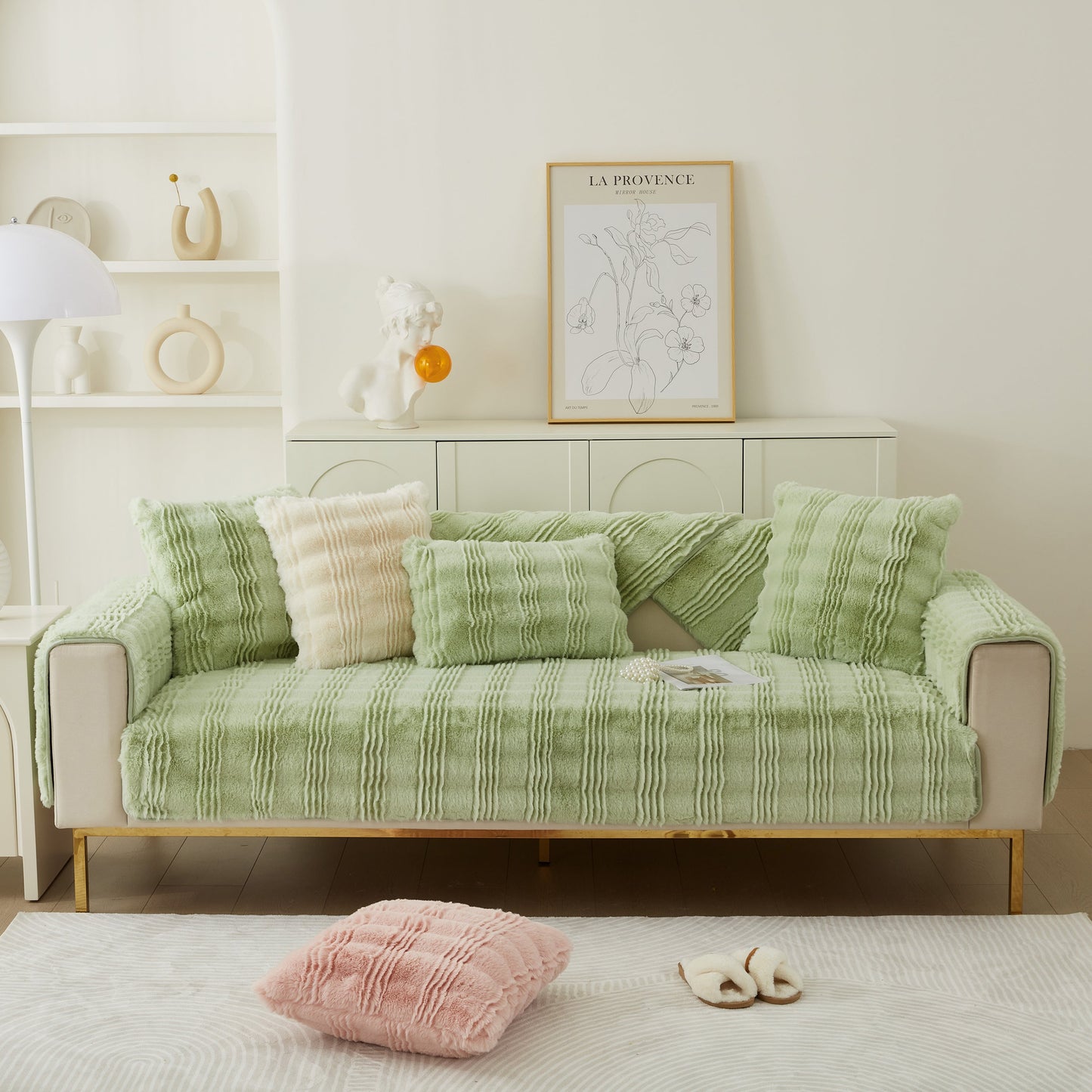 Soft Thick Faux Fur Sofa Cover Stripe Fluffy Fuzzy Non-Slip Washable Couch Covers on elegant living room sofa, green and pink accents