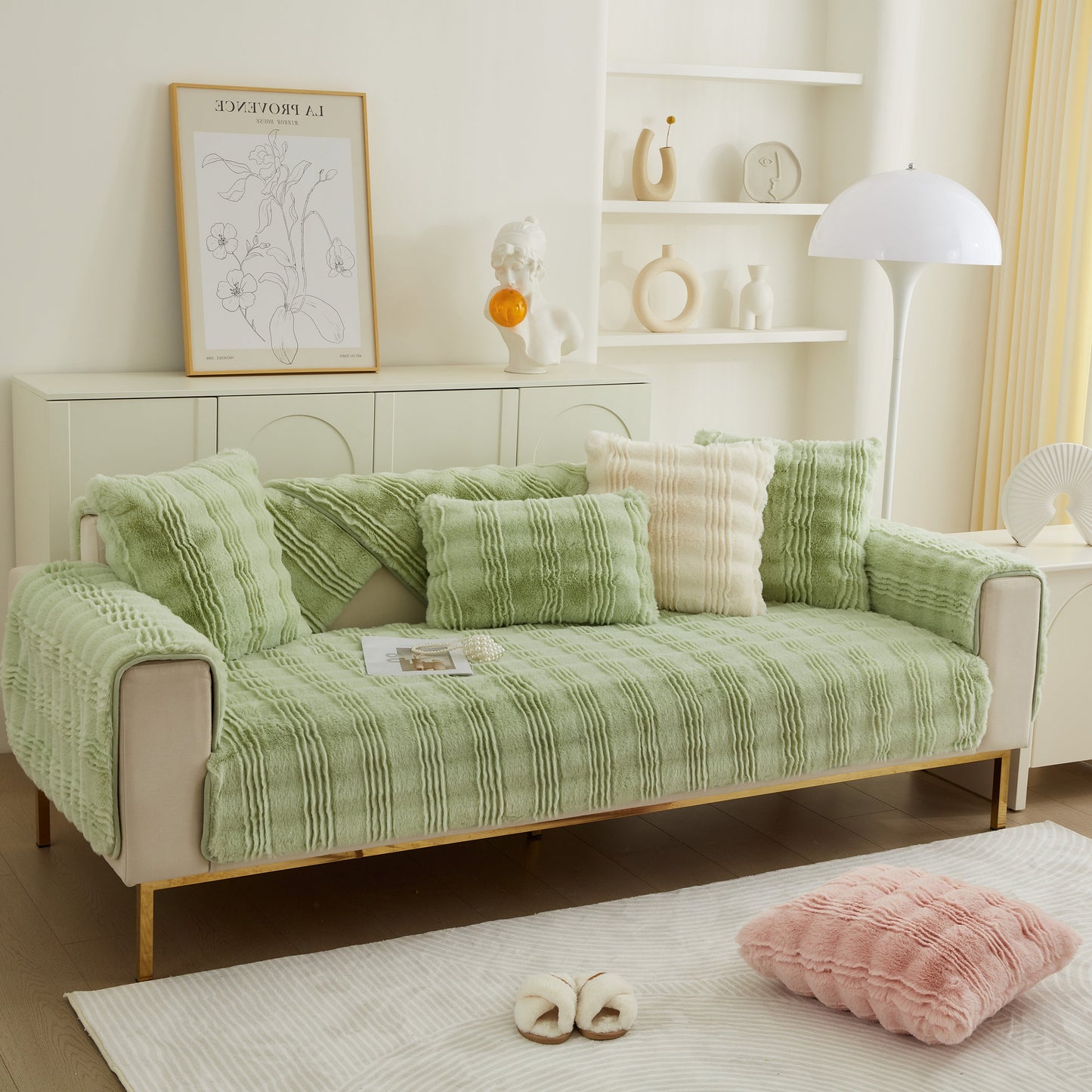 Soft Thick Faux Fur Sofa Cover Stripe Fluffy Fuzzy Non-Slip Washable Couch Covers on a modern green sofa in a stylish living room