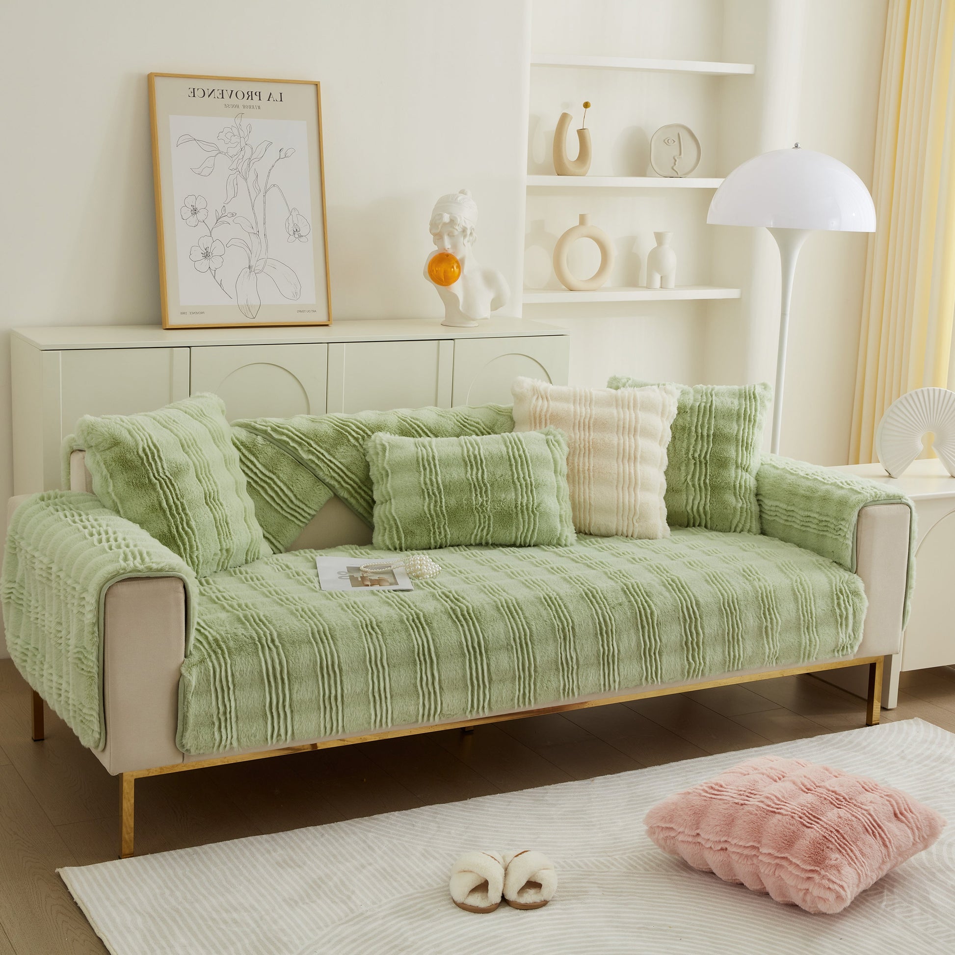 Soft Thick Faux Fur Sofa Cover Stripe Fluffy Fuzzy Non-Slip Washable Couch Covers on a modern green sofa in a stylish living room