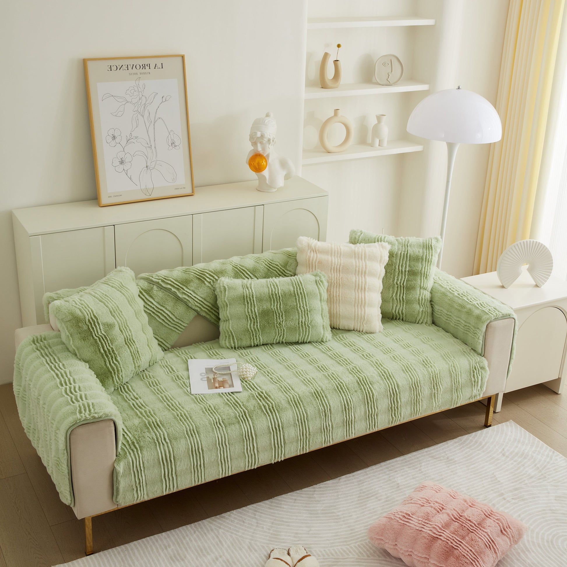 Soft Thick Faux Fur Sofa Cover Stripe Fluffy Fuzzy Non-Slip Washable Couch Covers in a stylish living room setting.