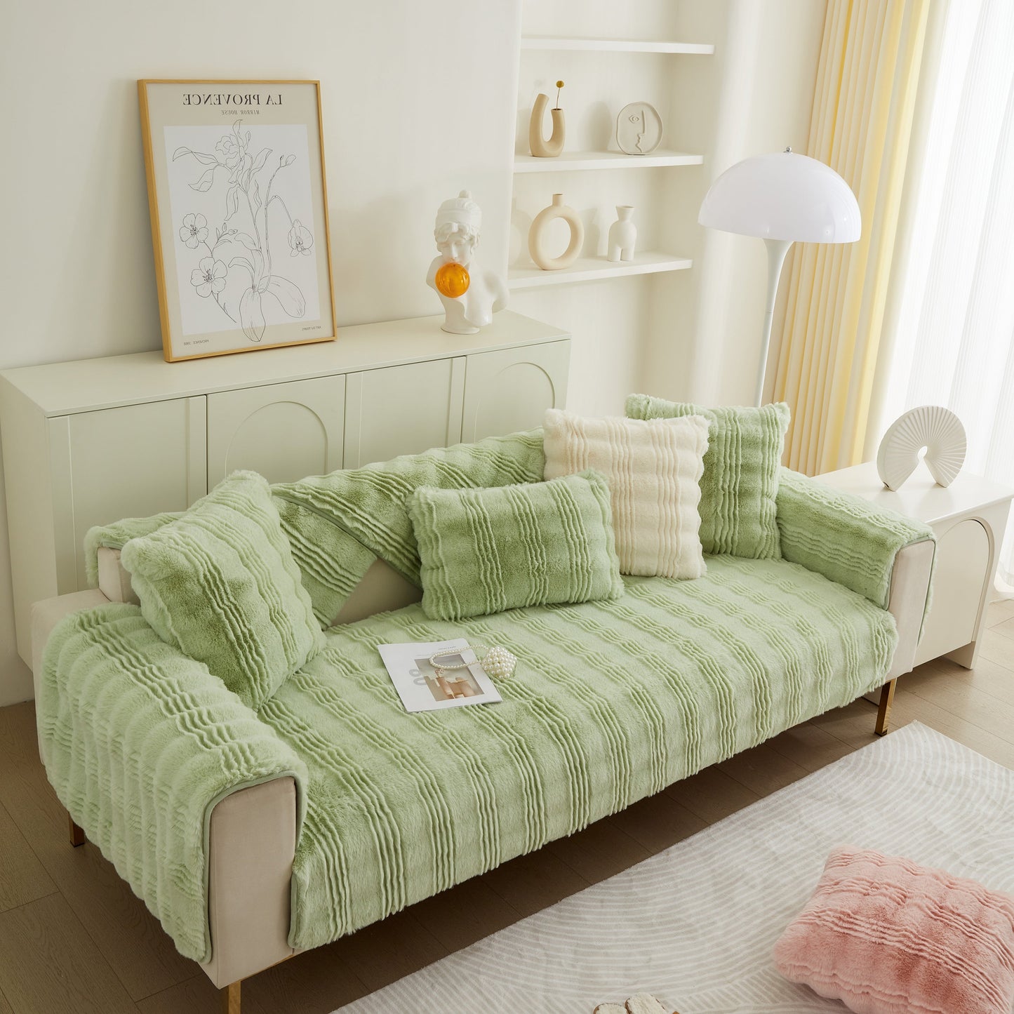 Living room with Soft Thick Faux Fur Sofa Cover Stripe Fluffy Fuzzy Non-Slip Washable Couch Covers in green with striped texture.