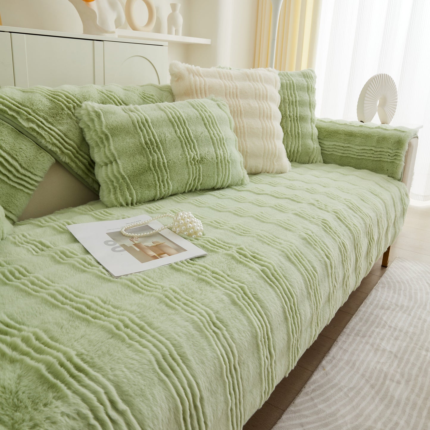 Soft Thick Faux Fur Sofa Cover Stripe Fluffy Fuzzy Non-Slip Washable Couch Covers on green couch in stylish living room