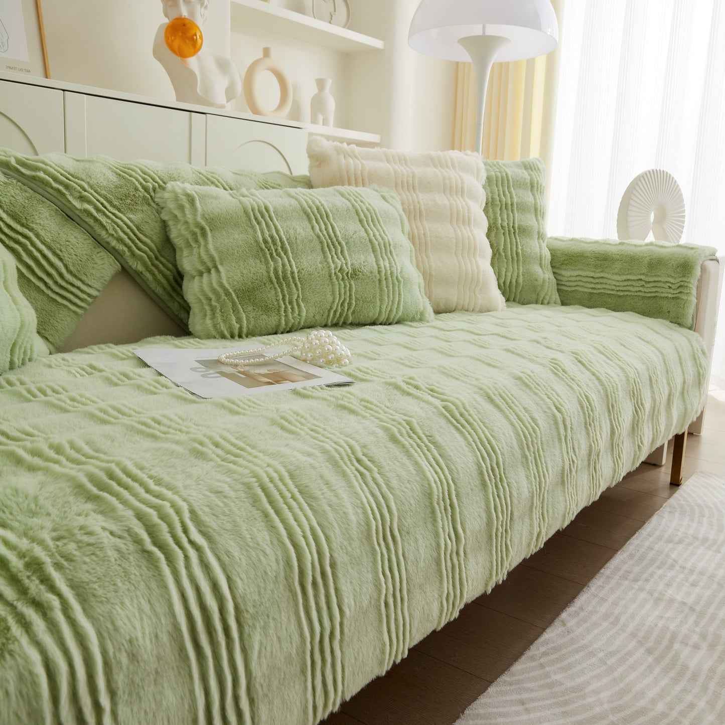 Soft Thick Faux Fur Sofa Cover Stripe Fluffy Fuzzy Non-Slip Washable Couch Covers in green living room setting