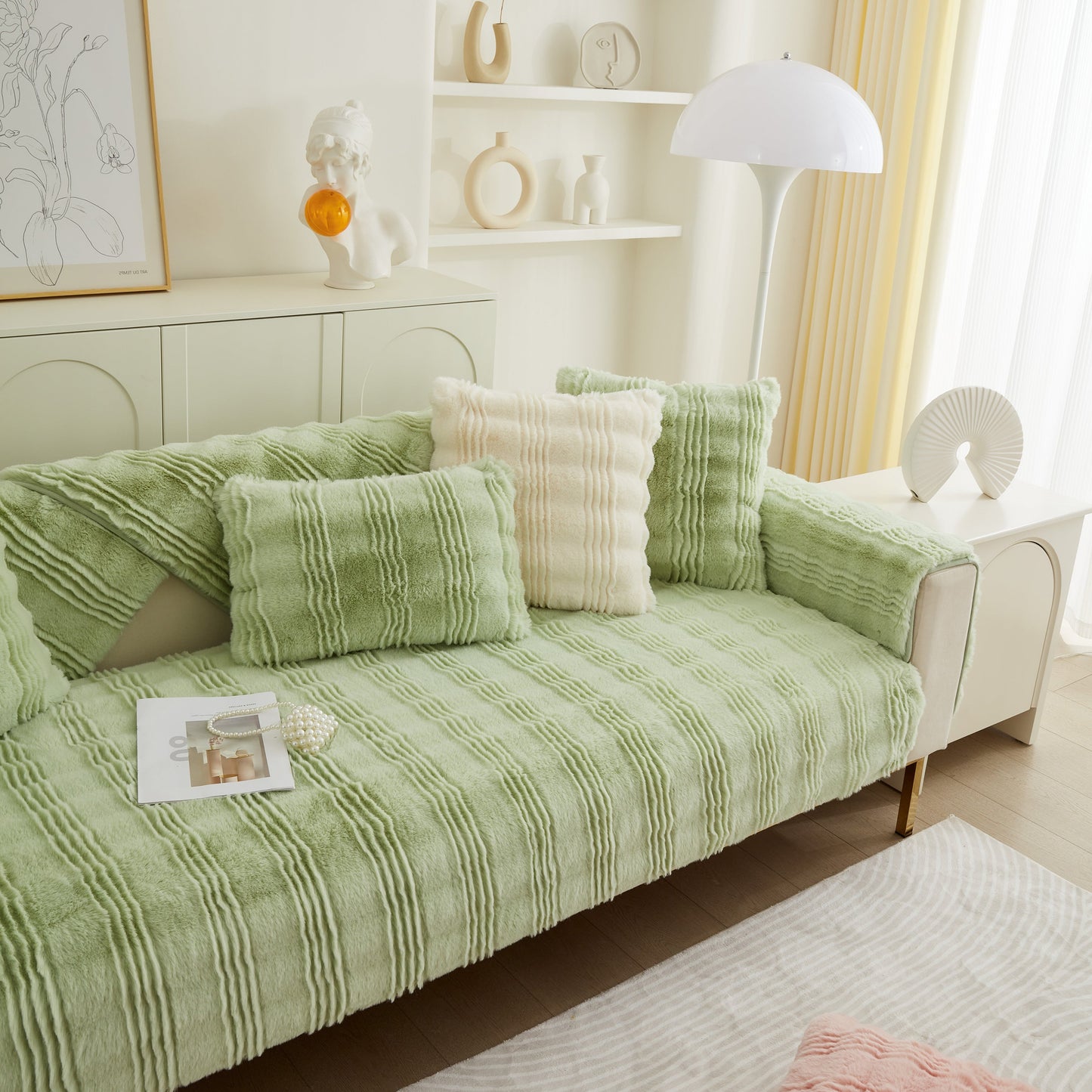 Soft Thick Faux Fur Sofa Cover Stripe Fluffy Fuzzy Non-Slip Washable Couch Covers on stylish green sofa with pillows