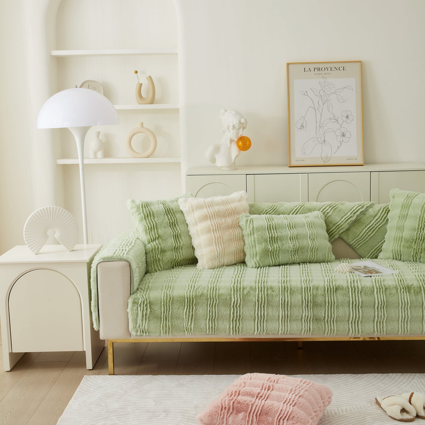 Soft Thick Faux Fur Sofa Cover Stripe Fluffy Fuzzy Non-Slip Washable Couch Covers on stylish living room sofa.