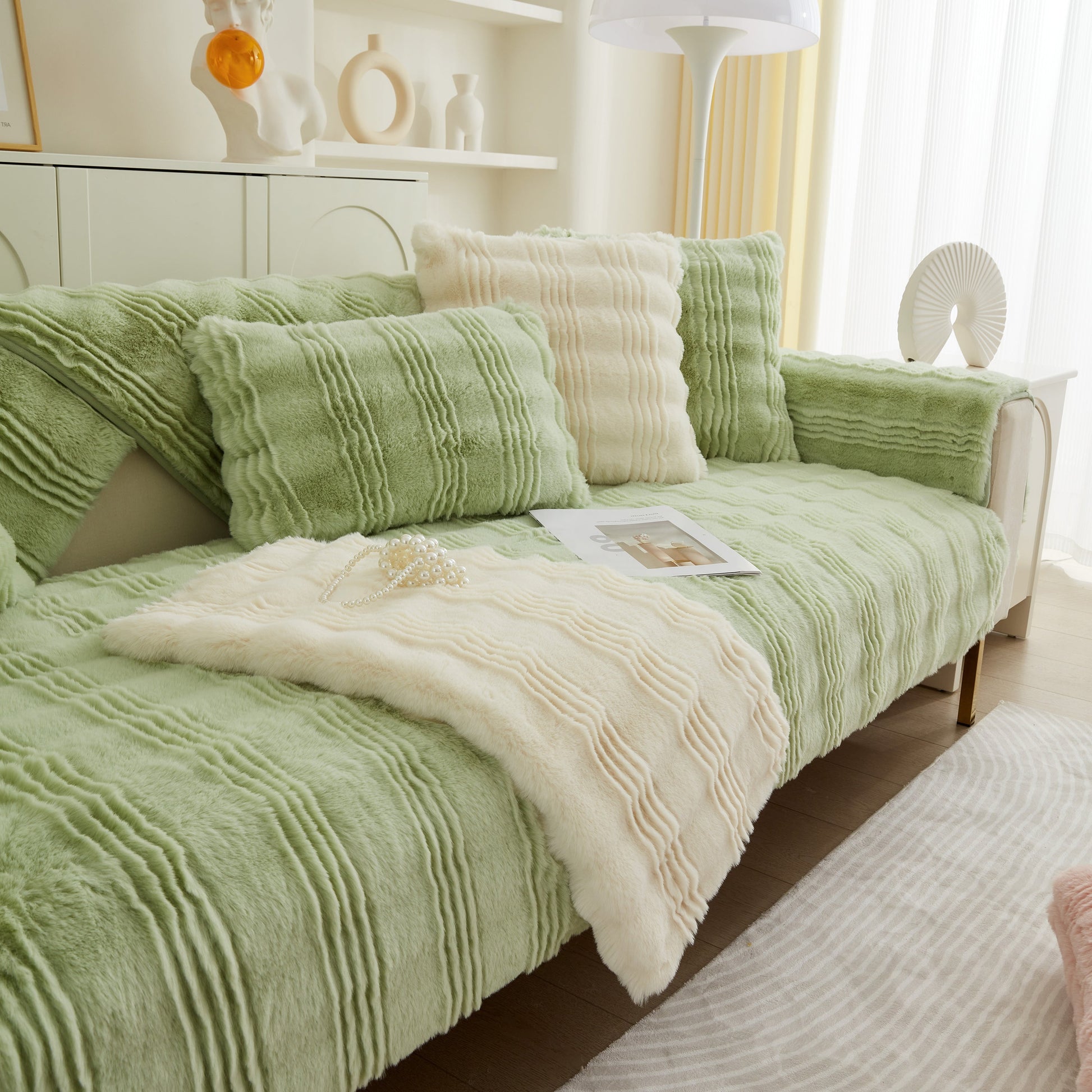 Soft Thick Faux Fur Sofa Cover Stripe Fluffy Fuzzy Non-Slip Washable Couch Covers in a stylish living room setting